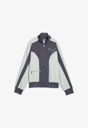 Veste de sport zippée gris clair et gris foncé avec col, poignets et bas côtelés, poche latérale et logo Puma sur la poitrine.