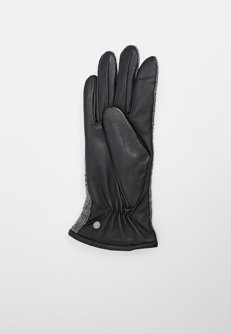 Schwarzer Lederhandschuh mit einem strukturierten grauen Stoffakzent, fünf Fingern und einem elastischen Handgelenk für eine enge Passform. Metall-Logo-Detail.