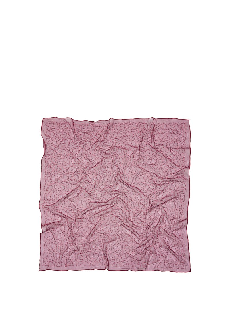 Przezroczysty bordowy szal z teksturowanym wzorem wirujących linii i delikatnie postrzępionym brzegiem. Lekki i półprzezroczysty materiał.