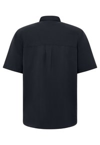 Korte mouwen, donkerblauwe shirt met een rugpand, plooidetail en een gladde, lichte stof. Klassieke kraag en iets gebogen zoom.