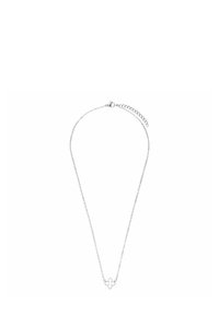 Zilveren ketting met een delicate schakel, voorzien van een kleine, symmetrische, bloemvormige bedel in het midden en een verstelbare sluiting.