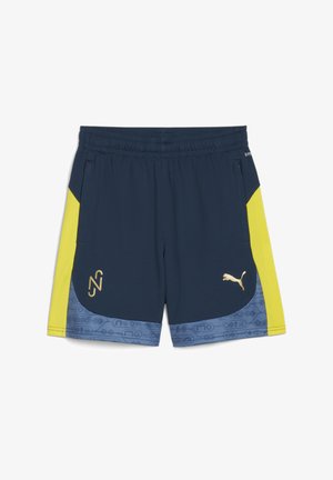 Pantalones cortos deportivos azul marino con cintura elástica, paneles laterales amarillos y logotipos dorados. Presenta un estampado gráfico cerca del dobladillo en azul claro.