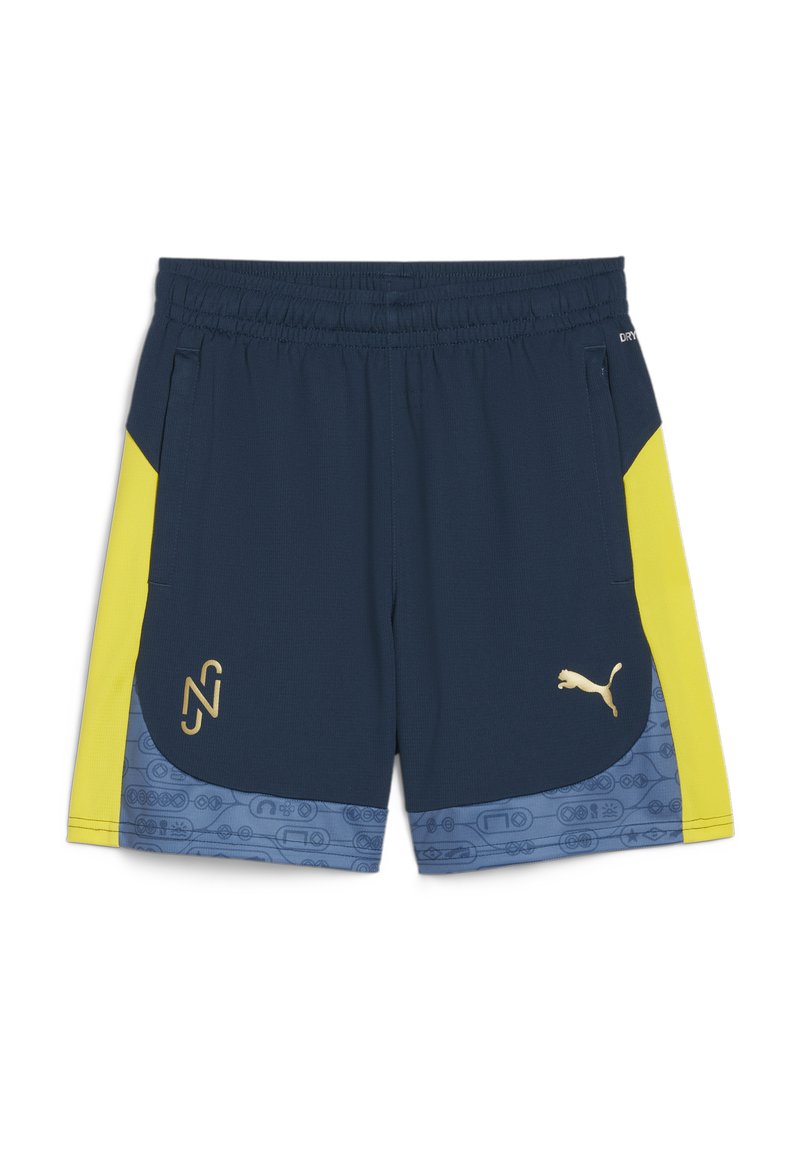 Pantalones cortos deportivos azul marino con cintura elástica, paneles laterales amarillos y logotipos dorados. Presenta un estampado gráfico cerca del dobladillo en azul claro.