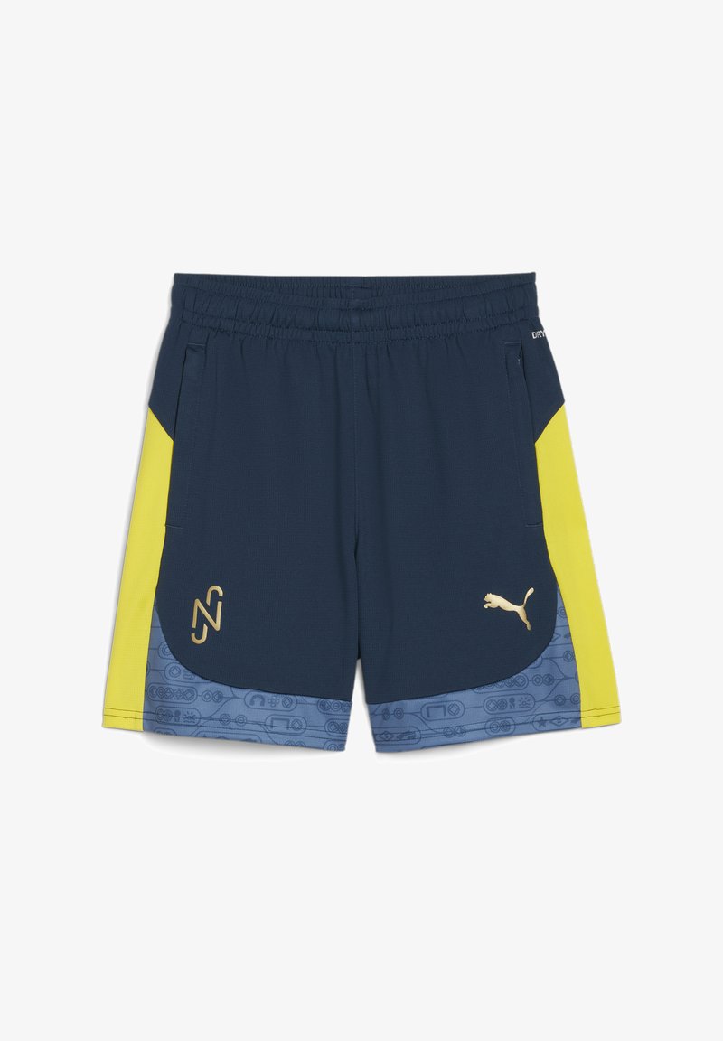 Pantalones cortos deportivos azul marino con cintura elástica, paneles laterales amarillos y logotipos dorados. Presenta un estampado gráfico cerca del dobladillo en azul claro.