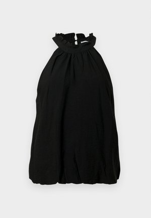 Črna top na zavezovanje okoli vratu z nabrano izrezom in odprtim hrbtom; izdelan iz lahkega blaga z rahlo teksturirano površino. Elegantna in preprosta silhueta.