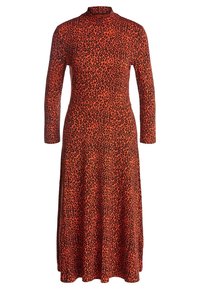 Punainen leopardikuvioinen mekko, jossa on pitkät hihat, korkea kaulus ja liehuva helma. Valmistettu pehmeästä kankaasta, jossa istuva yläosa ja levenevä helma.