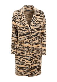 Beige og sort tigerstribet frakke lavet af blødt, tekstureret stof; har klapkrave, lange ærmer og to forlommer.