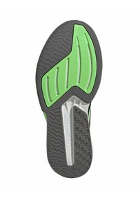 Suela de zapato con goma negra y acentos en verde y gris. Superficie texturada con ranuras para tracción. Parte superior diseñada para mayor comodidad.