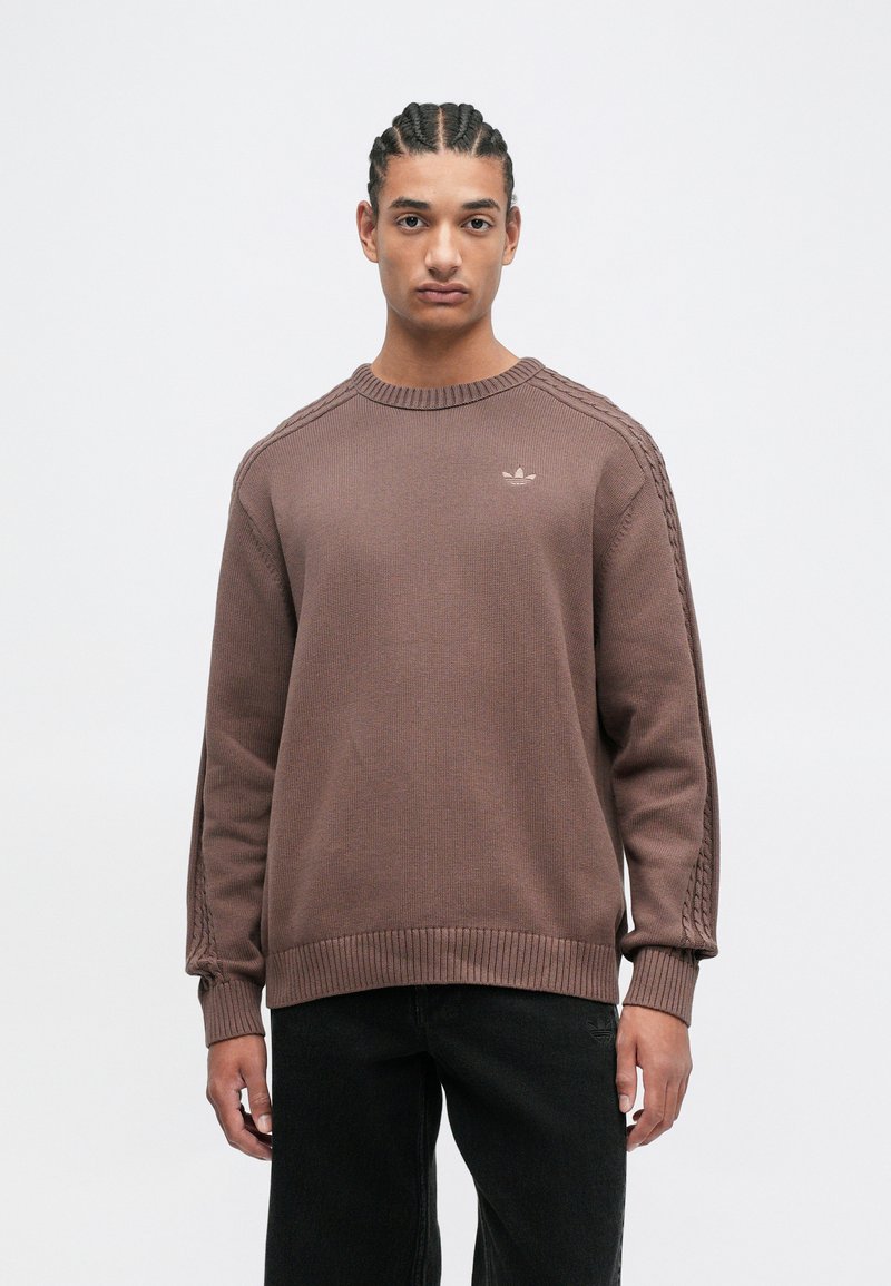 Brown knit sweater with ribbed cuffs and hem, features textured detailing on sleeves, and small logo on chest. Worn with dark jeans.