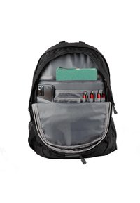 Black backpack with a gray interior, featuring compartments for a phone, pens, and a green notebook. Zipper closure and mesh side pocket.