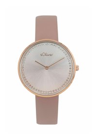 Runde s.Oliver-Uhr mit silbernem Zifferblatt, Roségold-Akzenten, Kristallverzierungen auf der Lünette und einem leicht rosa Silikonarmband.