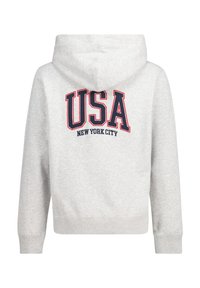 Gray hoodie featuring a large red and navy "USA" logo and "NEW YORK CITY" text on the back. Includes a drawstring hood and ribbed cuffs.