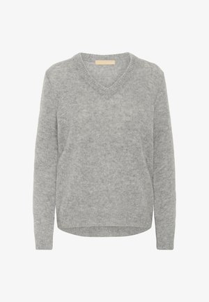 Siv pulover s V-izrezom, izdelan iz mehkega pletenega materiala, z dolgimi rokavi, sproščenim krojem in rahlo ukrivljenim robom. Brez vidnih vzorcev ali dodatkov.