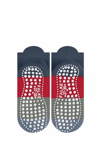 Chaussettes antidérapantes arborant un mélange de couleurs bleu foncé, rouge et gris. Texturées avec des points blancs sur les semelles pour une meilleure adhérence, taille 27-30.