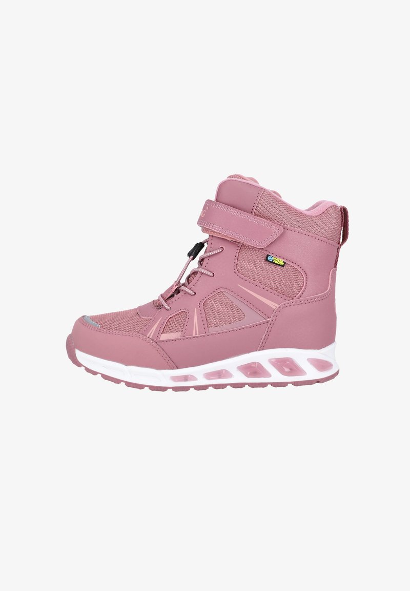 Rosa hög sneakers med en texturerad syntetisk ovandel, meshpaneler, justerbart band och vit sula med genomskinliga detaljer.