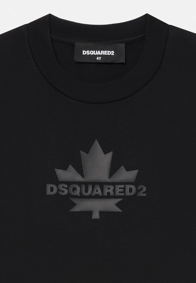 Black t-shirt featuring a matte black maple leaf graphic and "DSQUARED2" in embossed lettering on the front. Round neckline, soft fabric.