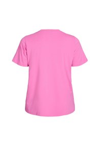 T-shirt en coton rose avec un col rond, des manches courtes et une coupe décontractée. Texture lisse et détails minimes au dos.
