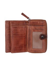 Brown leather wallet featuring multiple card slots, a transparent ID window, and a zipper closure. Textured surface with a smooth finish.