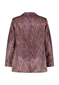 Veste en faux cuir marron et violet à motif peau de serpent, avec un col cranté et des manches longues, texture lisse.