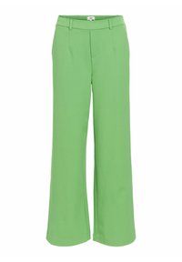Pantalones de pata ancha verdes, confeccionados con una tela suave, que cuentan con un frente plano, trabillas para cinturón y bolsillos laterales. Estilo casual con un ajuste relajado.