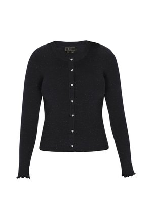 Mustat ribbikardiganit pitkille hihoille, hienovarainen tekstuuri ja sydämenmuotoiset napit. Hihansuissa on kaarevat reunat.