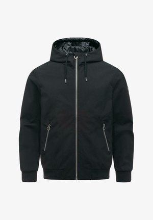 Giacca nera con cappuccio, zip frontale, cappuccio con coulisse, due tasche con zip e polsini e orlo a coste.