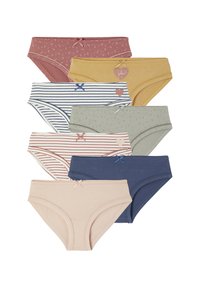 Sieben Damen-Bikinis aus Baumwolle in verschiedenen Farben und Mustern, darunter Streifen, Herzen und kleine Blumenmuster, jeweils mit einer kleinen Schleife am Bund.
