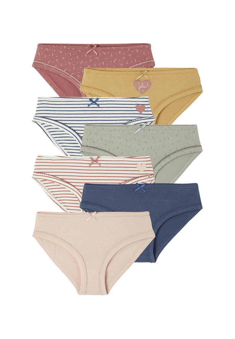 Sieben Damen-Bikinis aus Baumwolle in verschiedenen Farben und Mustern, darunter Streifen, Herzen und kleine Blumenmuster, jeweils mit einer kleinen Schleife am Bund.
