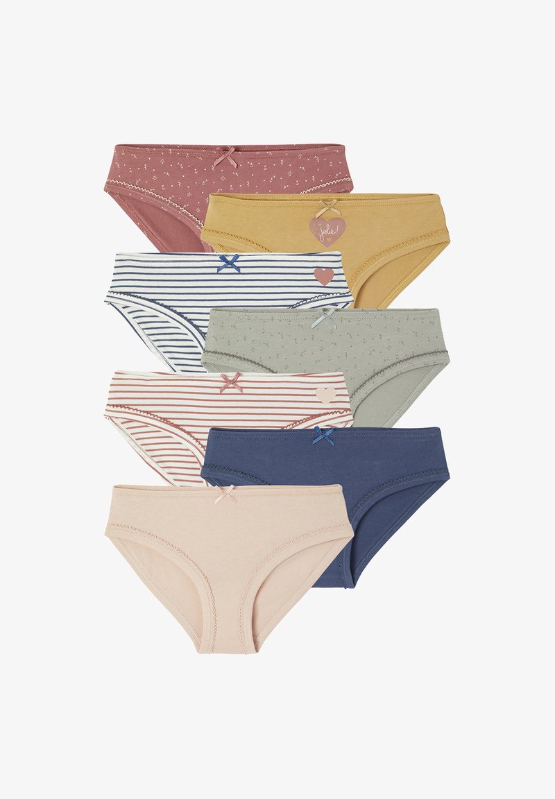 Sieben Damen-Bikinis aus Baumwolle in verschiedenen Farben und Mustern, darunter Streifen, Herzen und kleine Blumenmuster, jeweils mit einer kleinen Schleife am Bund.