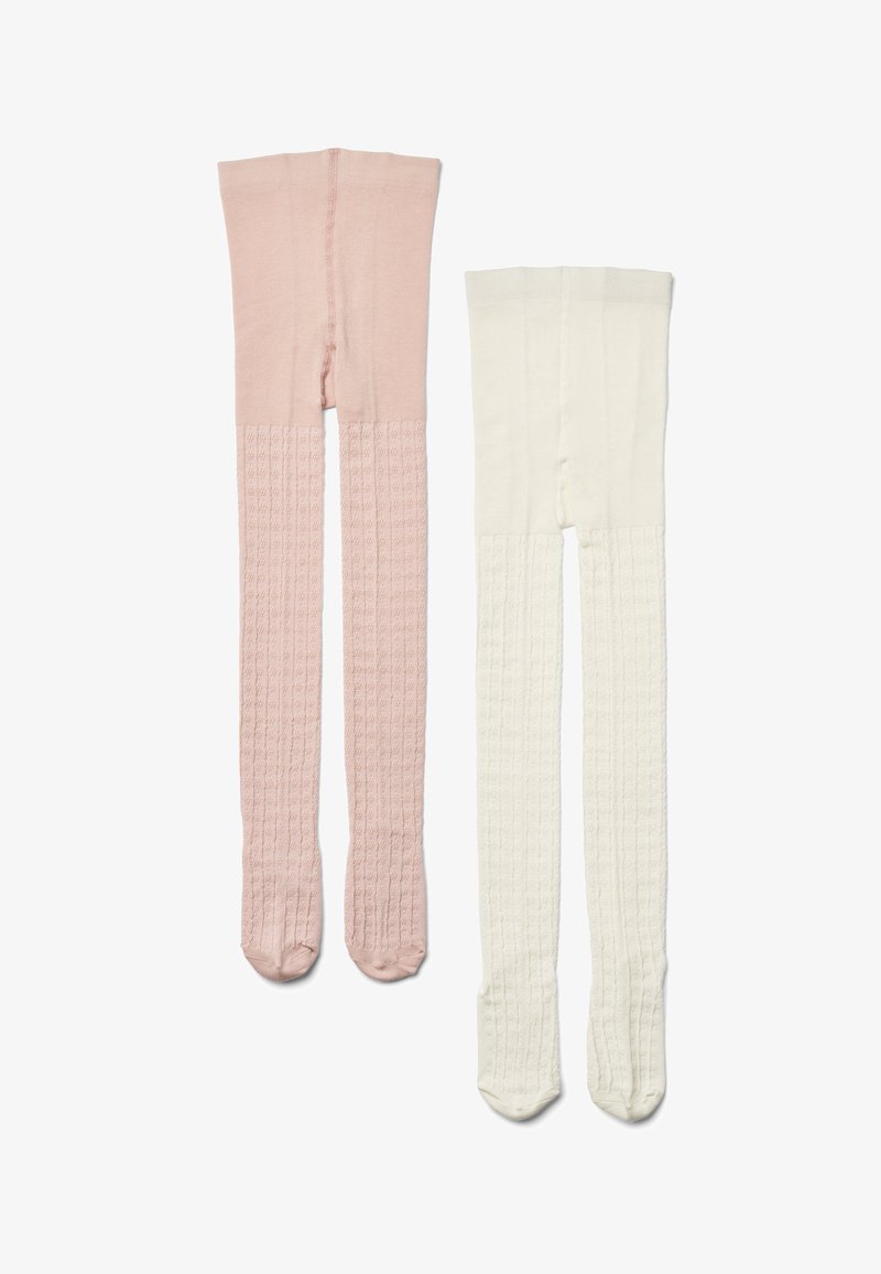 Deux paires de collants tricotés pour bébés, une rose pâle et une blanc cassé, toutes deux avec un motif texturé sur les jambes.