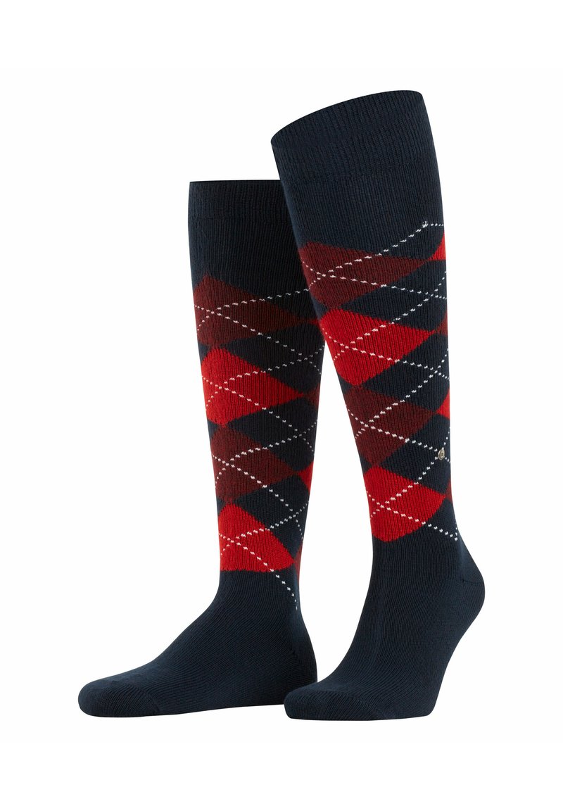 Calze alte fino al ginocchio con una base blu navy e un motivo argyle rosso e rosso scuro, accenti bianchi e una texture a coste nella parte superiore.