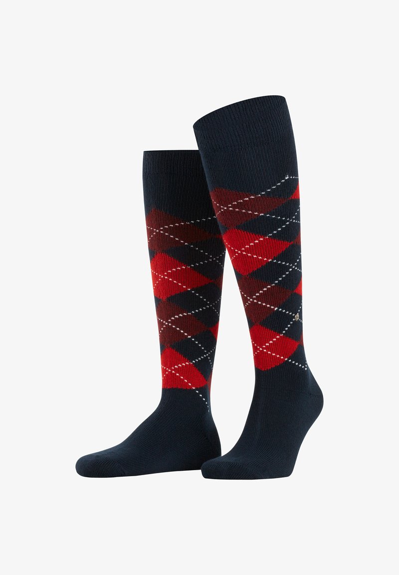 Calze alte fino al ginocchio con una base blu navy e un motivo argyle rosso e rosso scuro, accenti bianchi e una texture a coste nella parte superiore.