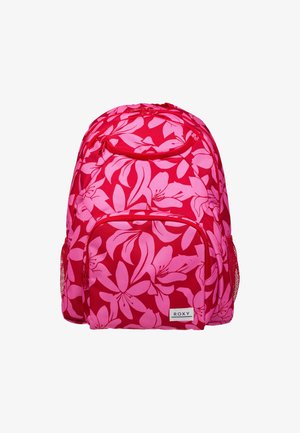 Czerwona i różowa plecak w kwiaty z całkowitym wzorem kwiatowym, dwiema siateczkowymi kieszeniami po bokach oraz przednią kieszenią zapinaną na zamek. Etykieta marki: Roxy.
