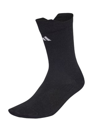 Czarna sportowa skarpeta do połowy łydki z białym logo Adidas na kostce, ściągaczem i teksturowaną dzianiną.