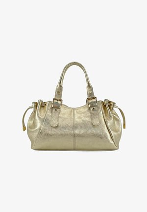 Sac à main doré métallique avec deux poignées courtes, une forme arrondie, des côtés plissés et des accents à boucle. Texture lisse avec une finition brillante.