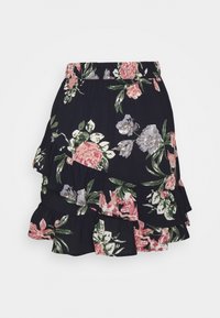 Květinová krátká sukně s volány, se tmavě modrým pozadím a velkými růžovými a zelenými květinovými vzory. Elastický pas.