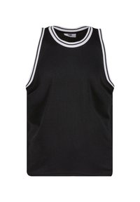 Schwarzes Sporttanktop mit weißen Akzenten, ausgestattet mit einer Mesh-Struktur und einem ärmellosen Design. Einfacher, schlichter Stil.