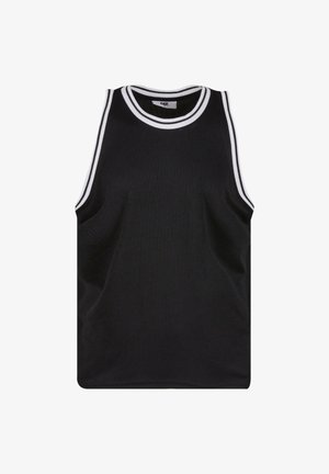 Svart sportstopp med hvite kanter, med mesh-struktur og uten ermer. Enkel, uutstyrt stil.