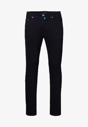 Schwarze Denim-Hosen im Slim-Fit-Stil, mit einem Fünf-Taschen-Design und kontrastierenden Nähten. Mit einem Knopfverschluss und einem farbigen Markenetikett an der Gürtelschlaufe.