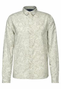Långärmad skjorta i ljusbeige tyg med ett intrikat blommönster i mörkare beige, med knapp-up-kant och knappstängning fram.