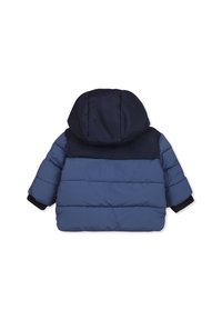 Giacca imbottita blu e navy, con cappuccio, maniche lunghe e polsini elasticizzati. Design trapuntato con sezione superiore a contrasto.