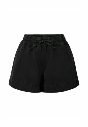 Shorts décontractés noirs avec taille élastique et cordon noué, présentant de larges ouvertures de jambes et des détails de coutures visibles.