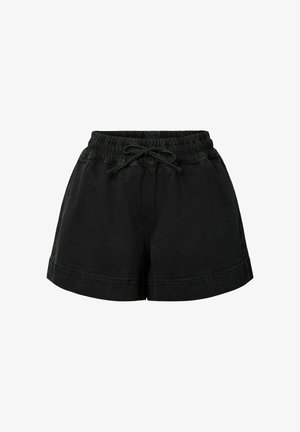 Shorts décontractés noirs avec taille élastique et cordon noué, présentant de larges ouvertures de jambes et des détails de coutures visibles.