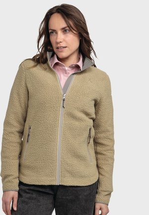 Fleecejack in lichtbruin, met een gestructureerde oppervlakte, rits aan de voorkant, twee zijzakken en contrasterende grijze kraag en ritsaccenten.