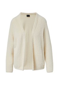 Langsleeve cardigan van zacht, pluizig crème materiaal; open voorkant ontwerp; minimale naden; geen sluitingen; subtiele merkteken aan de zoom.