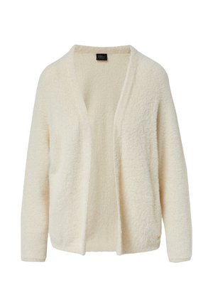 Cardigan à manches longues en matériau crème doux et moelleux ; design ouvert à l'avant ; coutures minimales ; sans fermetures ; détail de marque subtil au niveau de l'ourlet.