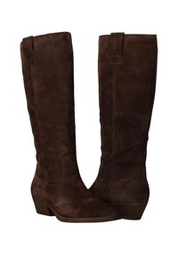 Bruine suede kniehoge laarzen met een licht puntige teen, een gestapelde hak en zijkanten voor gemakkelijk aan- en uittrekken. Glad textuur met minimale accenten.