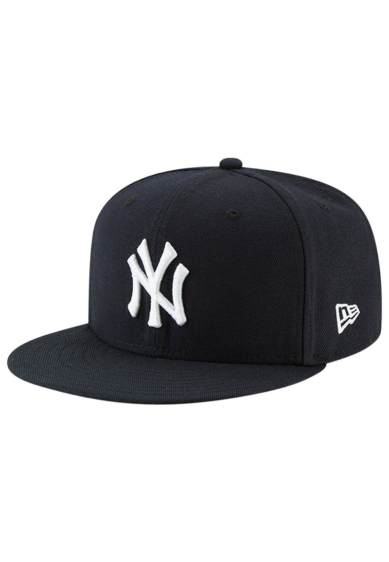 Black baseball cap made of fabric, featuring a flat brim, white embroidered "NY" logo on the front, and a small white logo detail on the side.