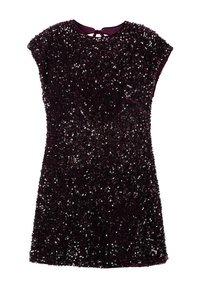 Robe courte violette recouverte de sequins, avec des manches courtes et un détail de dos en trou de serrure. Tissu lisse avec un effet de brillance texturé.