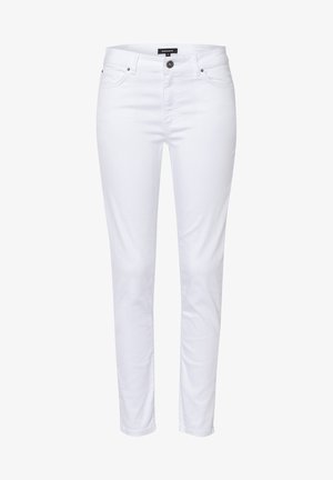 White denim jeans with a slim fit, featuring a zip fly, metal button closure, and two front pockets with subtle stitching details.